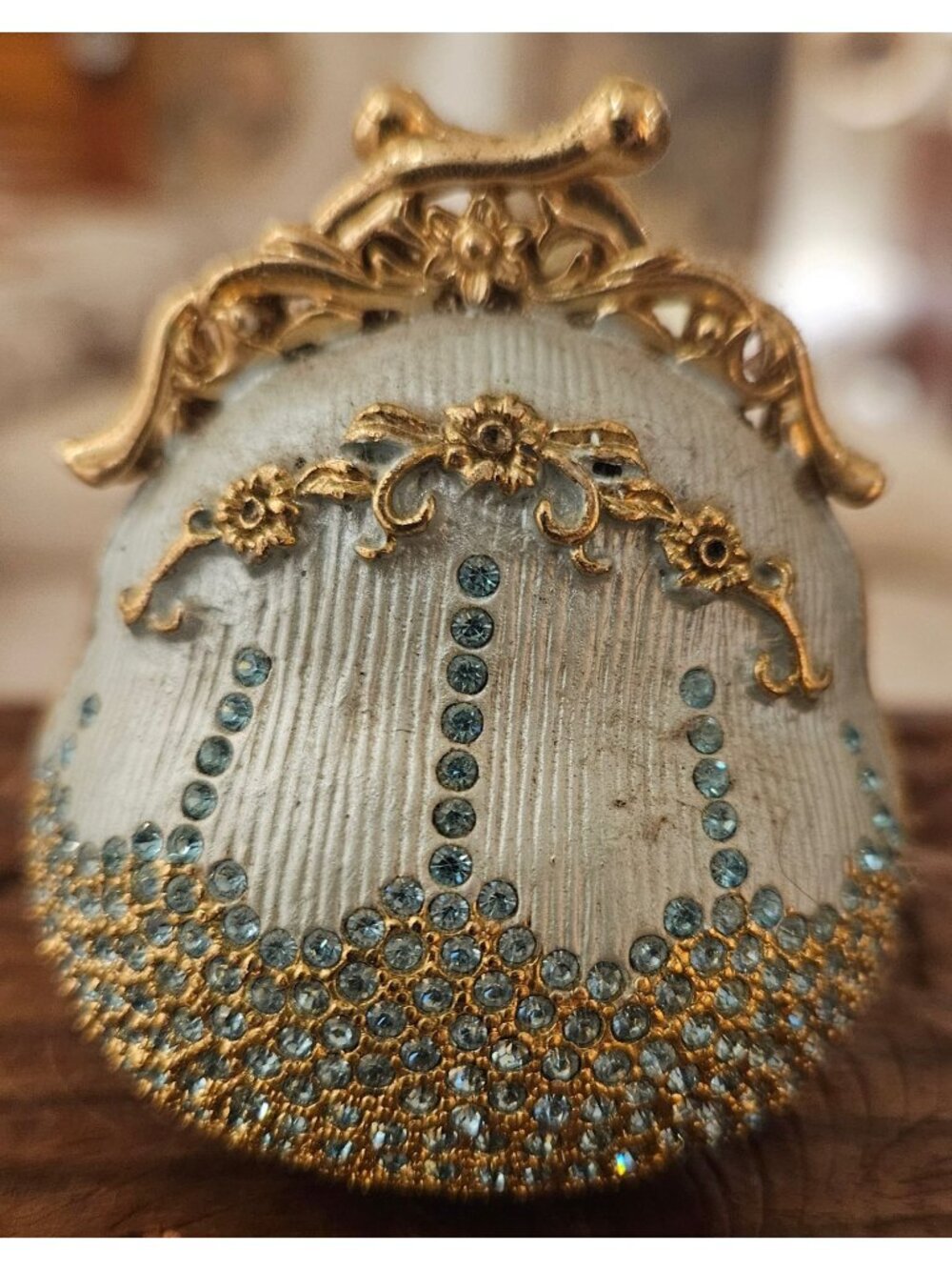 Vintage Mini Purse-Shaped Jeweled Trinket Box Gold & Blue Rhinestone Details